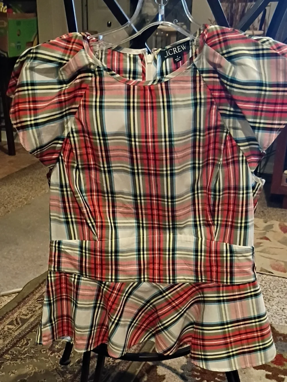 J. Crew Multicolor Plaid Blouse with Flared Hem